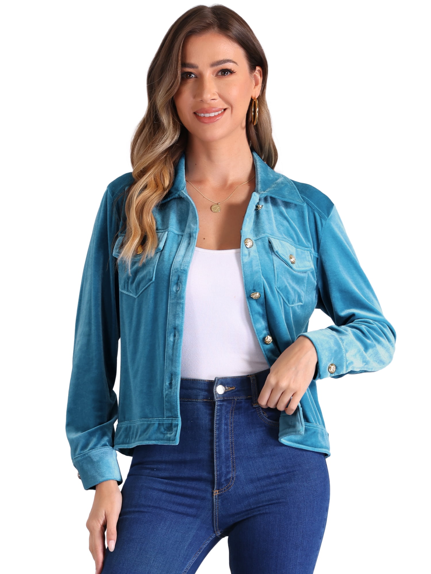 DARING DIVA Stylish Velvet Button-Up Long Sleeve Jacket L Peacock Blue