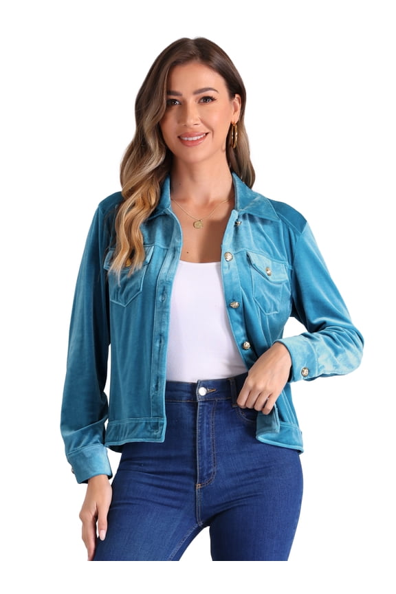 Stylish Velvet Button-Up Long Sleeve Jacket L Peacock Blue
