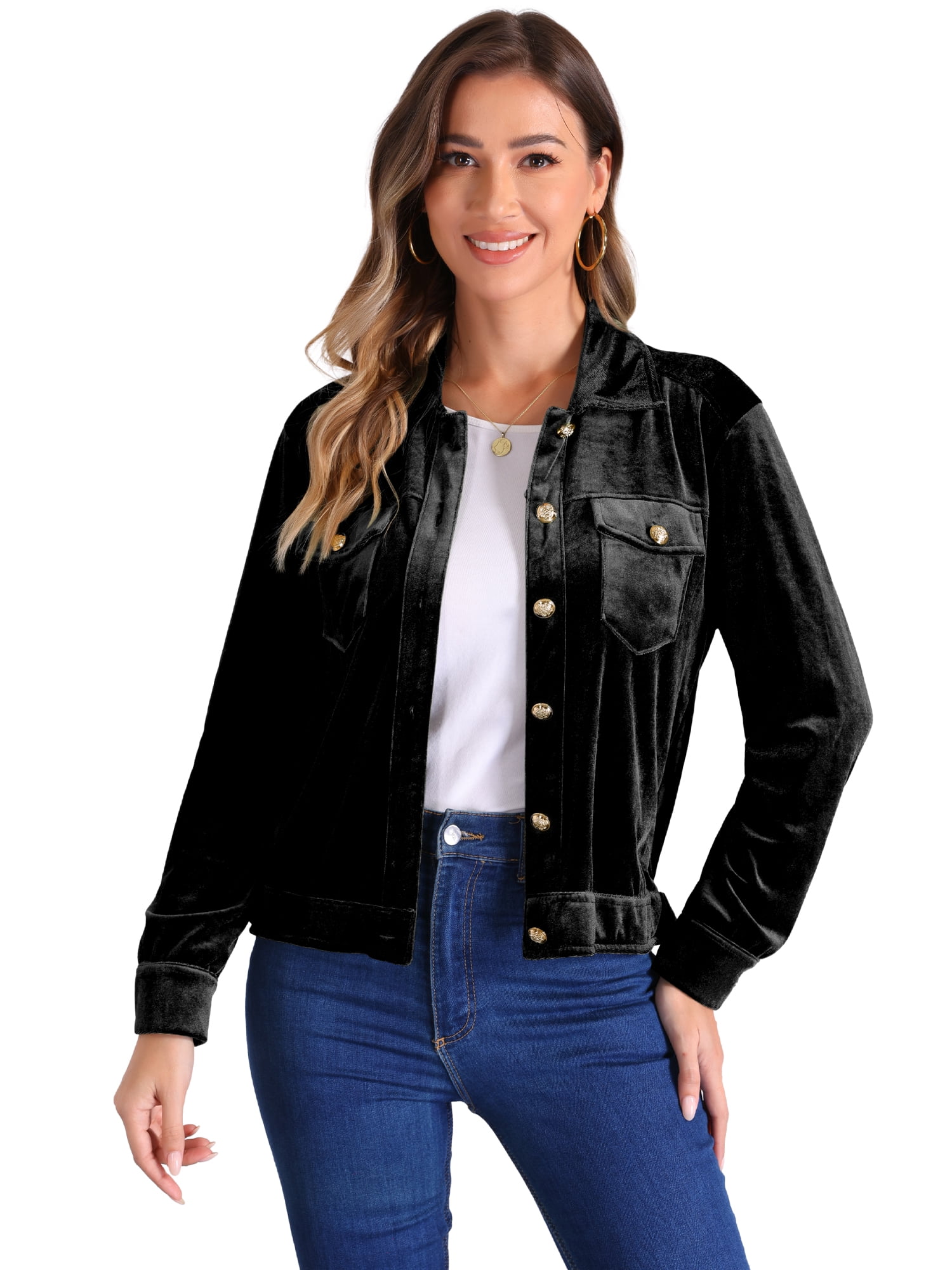 DARING DIVA Stylish Velvet Button-Up Long Sleeve Jacket M Black