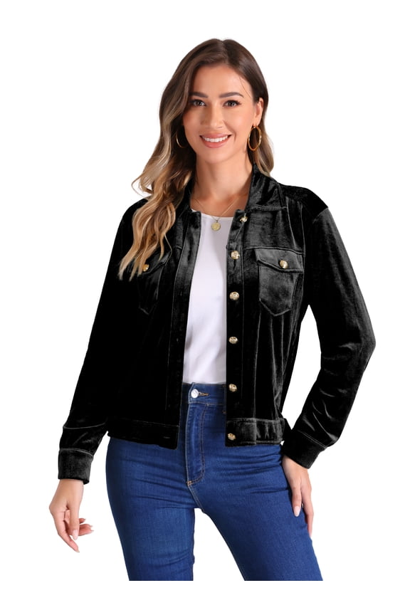 Stylish Velvet Button-Up Long Sleeve Jacket M Black