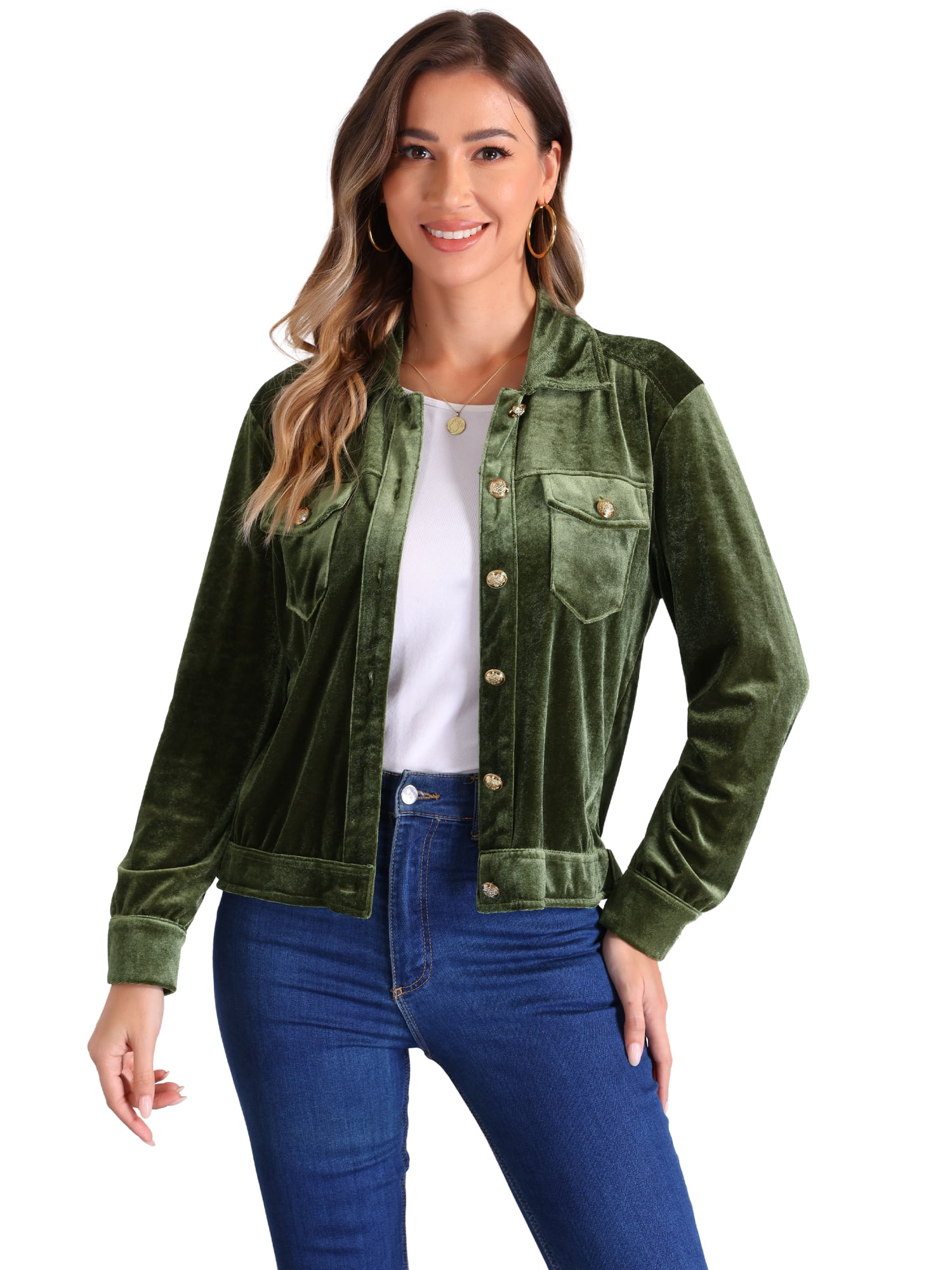 DARING DIVA Stylish Velvet Button-Up Long Sleeve Jacket S Army Green