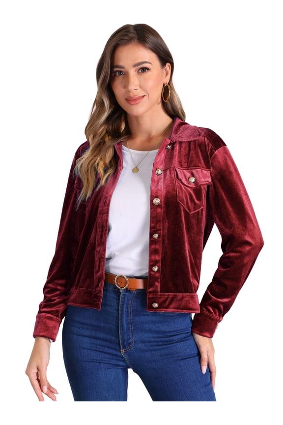 Stylish Velvet Button-Up Long Sleeve Jacket S Burgundy