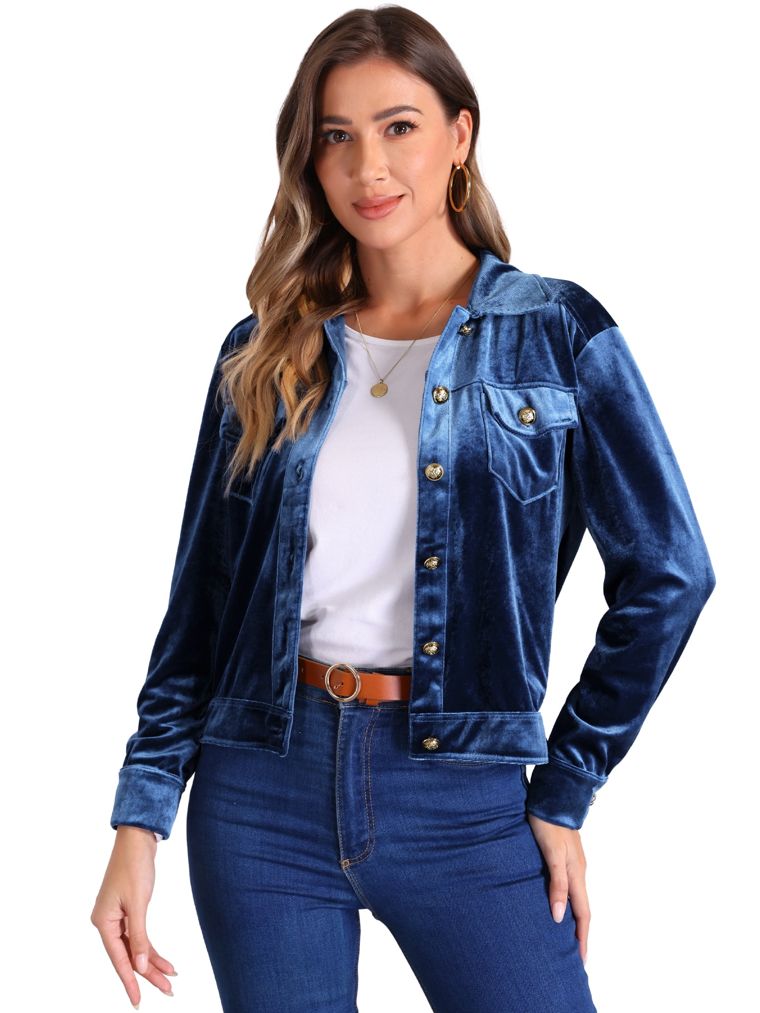 DARING DIVA Stylish Velvet Button-Up Long Sleeve Jacket S Navy Blue