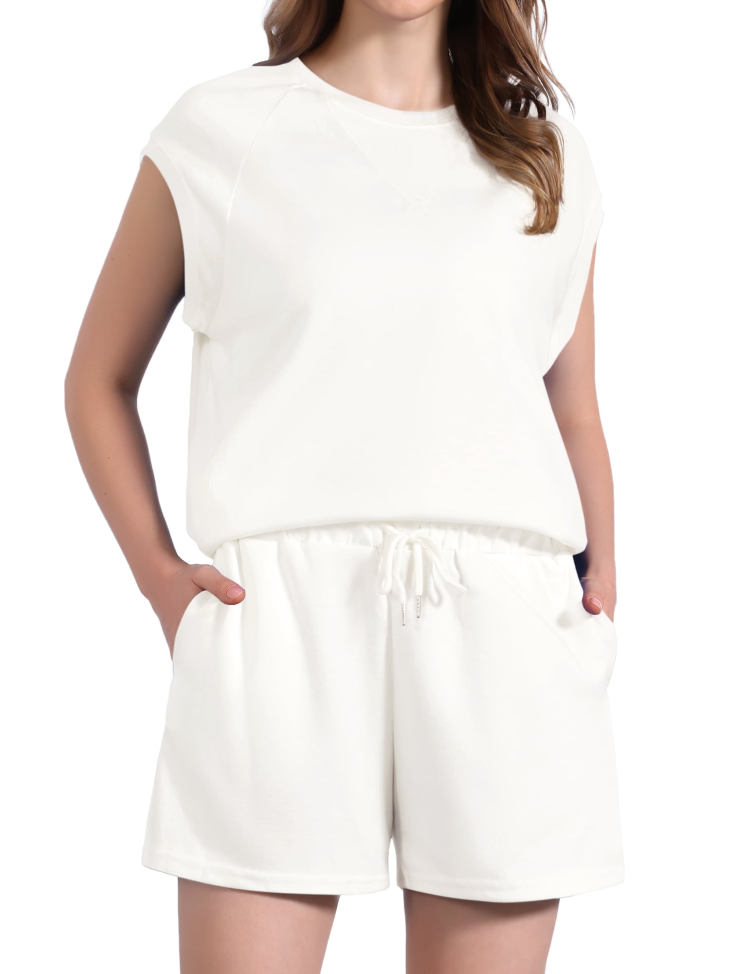 DARING DIVA Stylish Women's Graphic 2 Pieces Short Set with Cap Sleeves M White