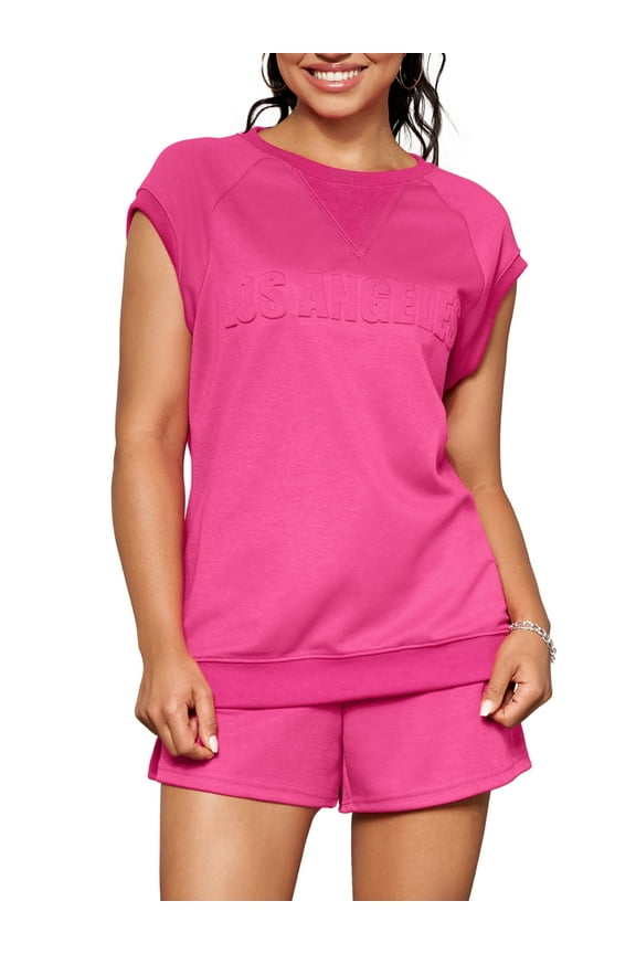 Stylish Women's Graphic 2 Pieces Short Set with Cap Sleeves S Hot Pink