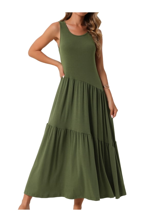 Summer Casual Sleeveless Crewneck Maxi Dress S Army Green