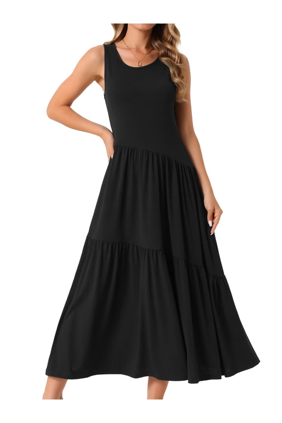 Summer Casual Sleeveless Crewneck Maxi Dress S Black
