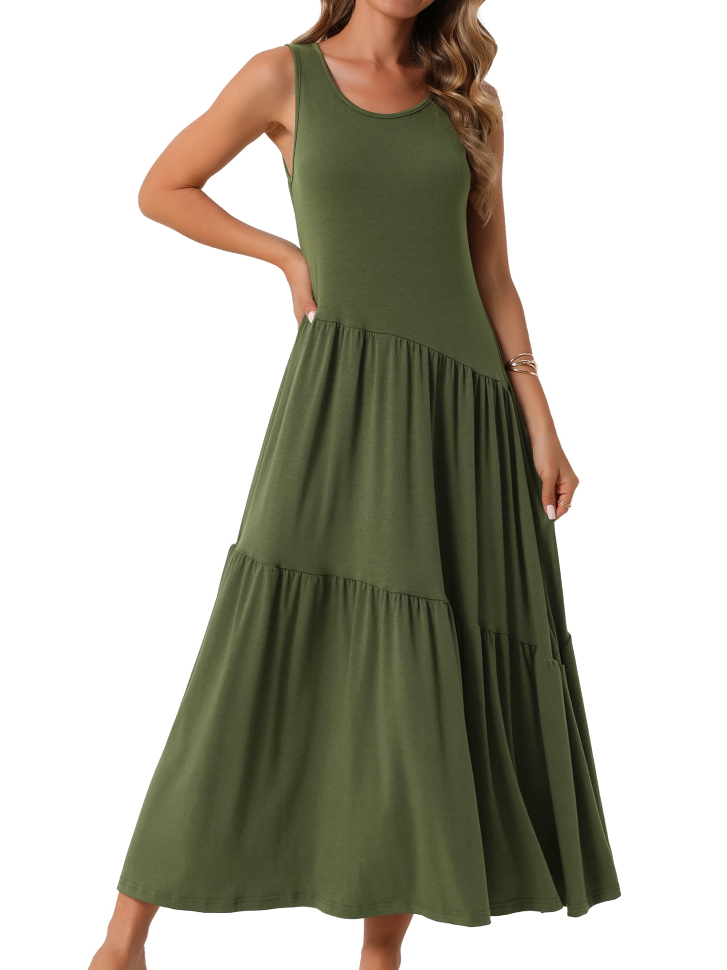 DARING DIVA Summer Casual Sleeveless Crewneck Maxi Dress XL Army Green