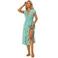 thumbnail image 1 of DARING DIVA Summer Flutter Short Sleeve Smocked Waist Floral Midi Dress XL Green, 1 of 6