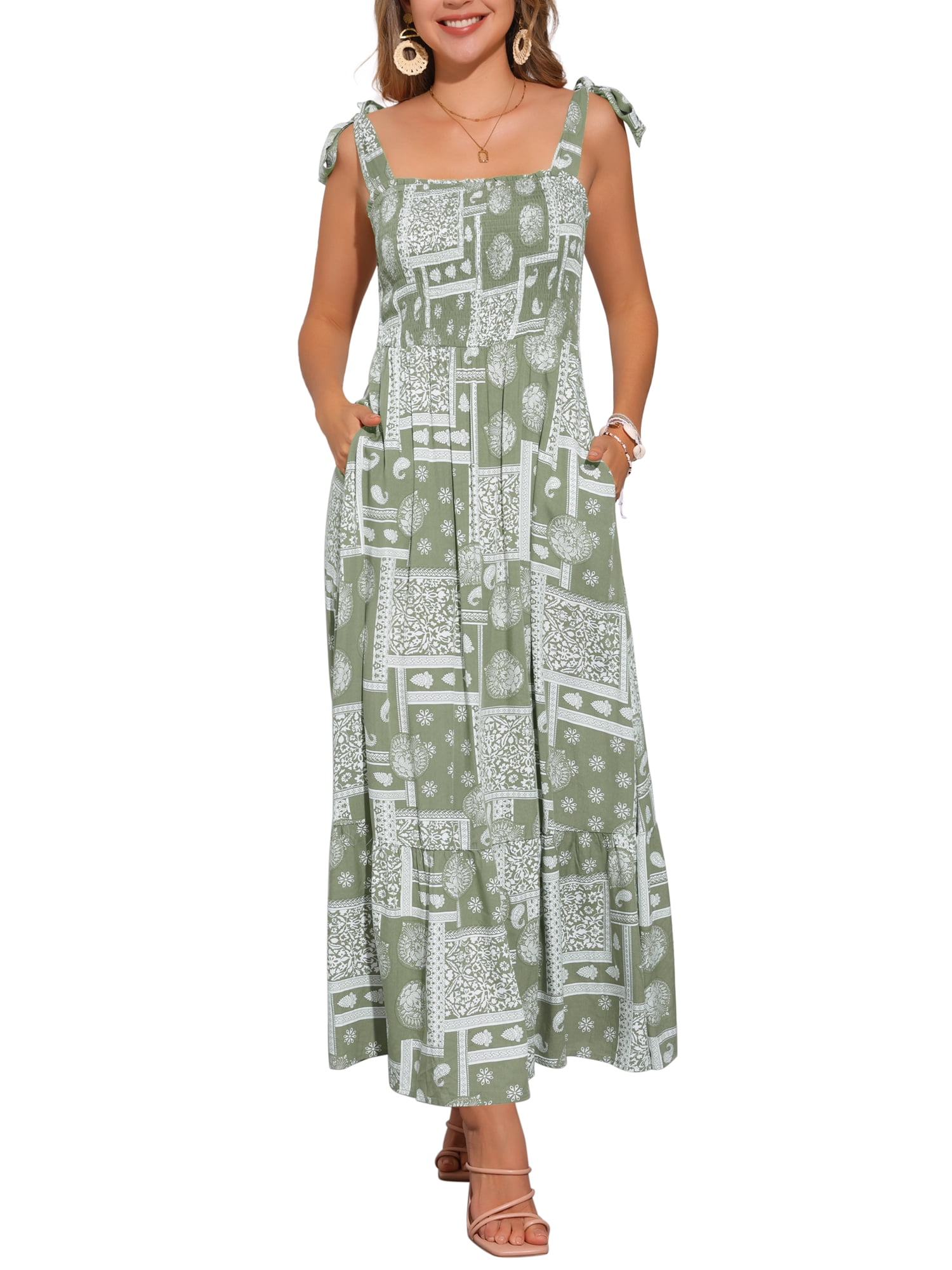 DARING DIVA Women's Summer Spaghetti Strap Square Neck Casual Dress L Green
