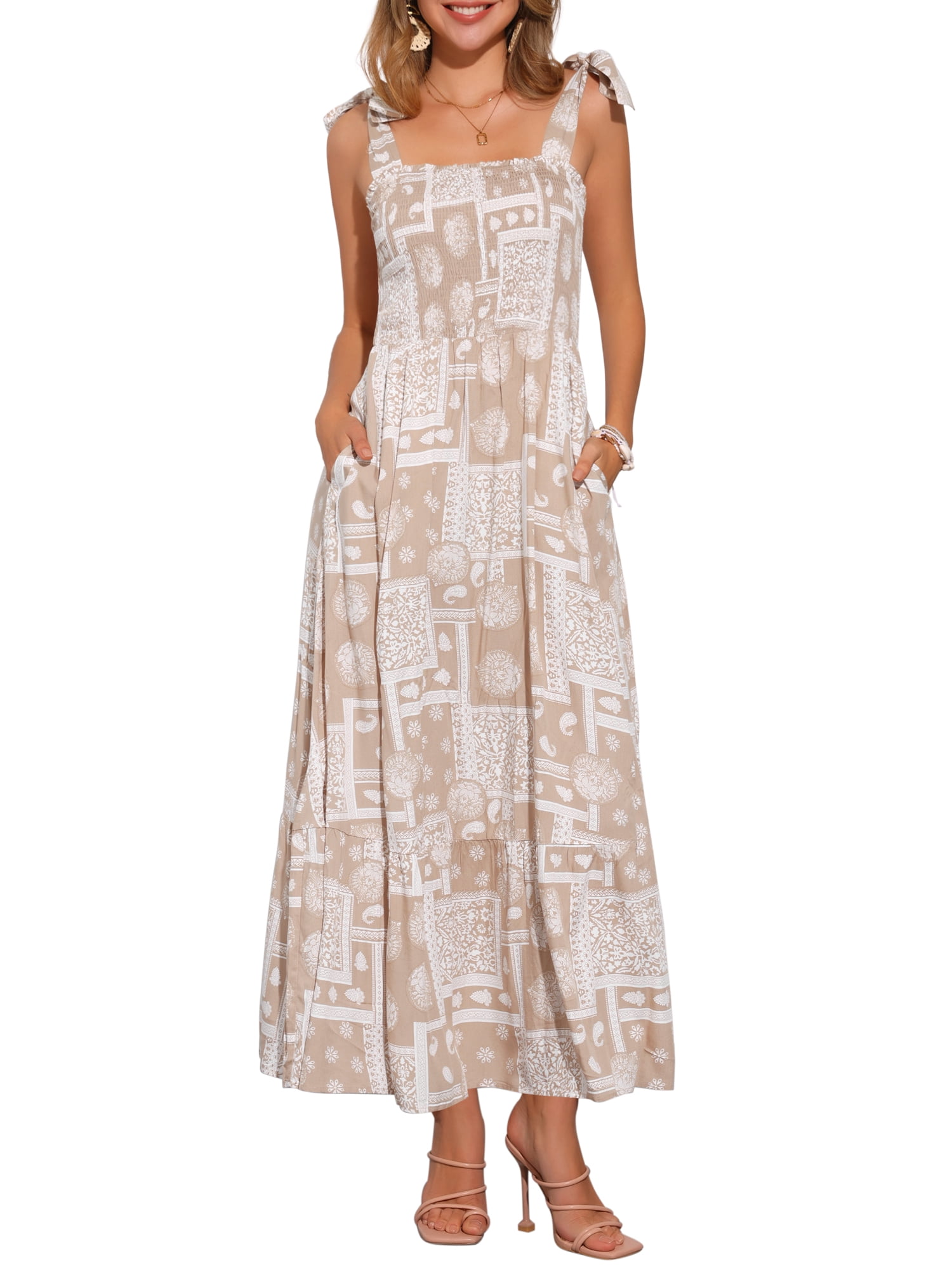 DARING DIVA Women's Summer Spaghetti Strap Square Neck Casual Dress L Khaki