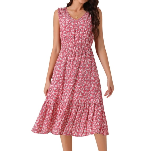 DARING DIVA Summer V Neck Sleeveless Flowy Midi Dress L Red