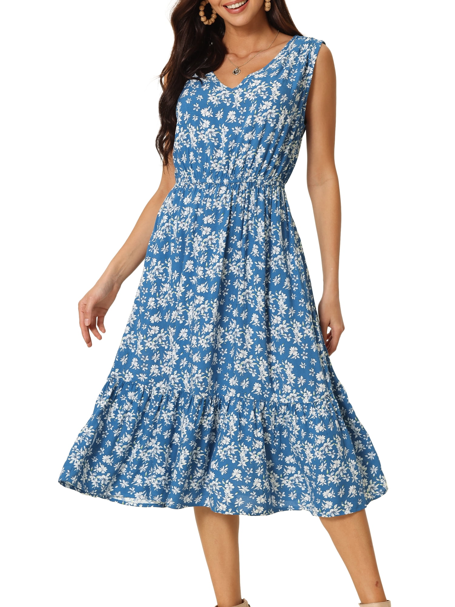 DARING DIVA Summer V Neck Sleeveless Flowy Midi Dress M Blue