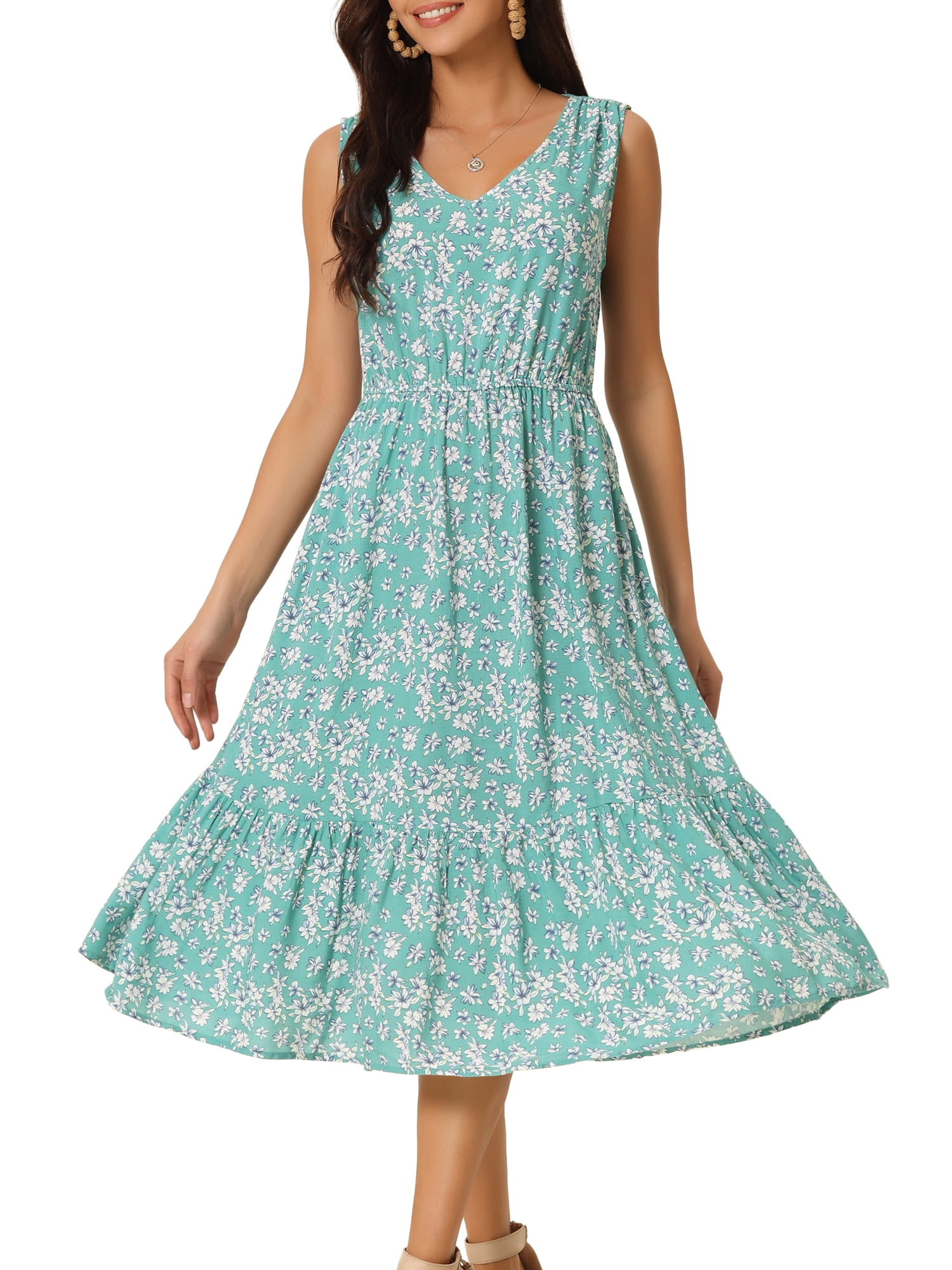 DARING DIVA Summer V Neck Sleeveless Flowy Midi Dress S Green
