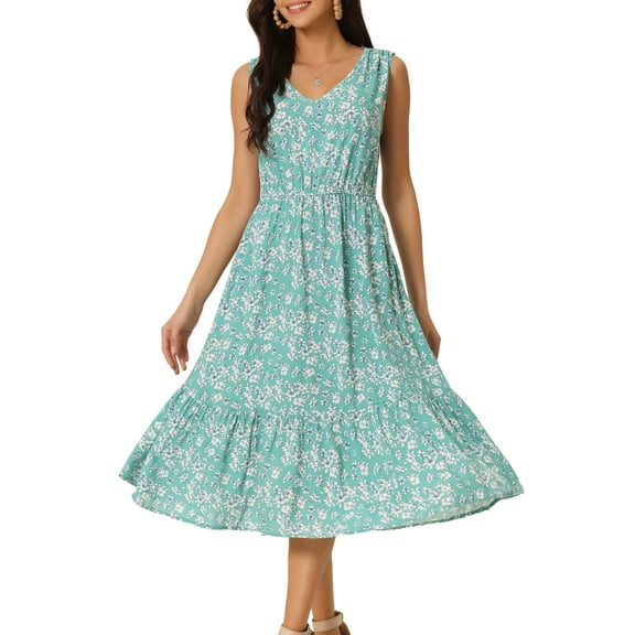 DARING DIVA Summer V Neck Sleeveless Flowy Midi Dress S Green