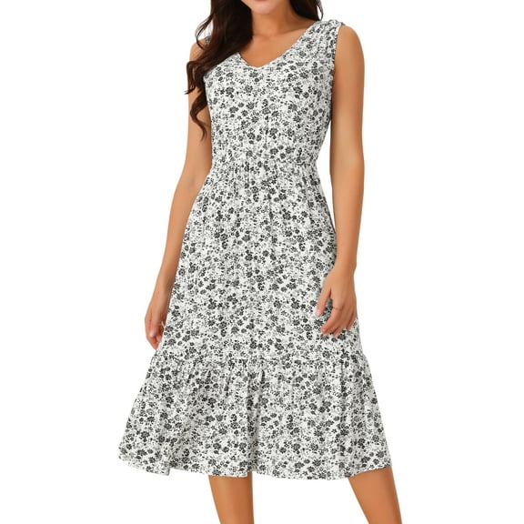 DARING DIVA Summer V Neck Sleeveless Flowy Midi Dress S White