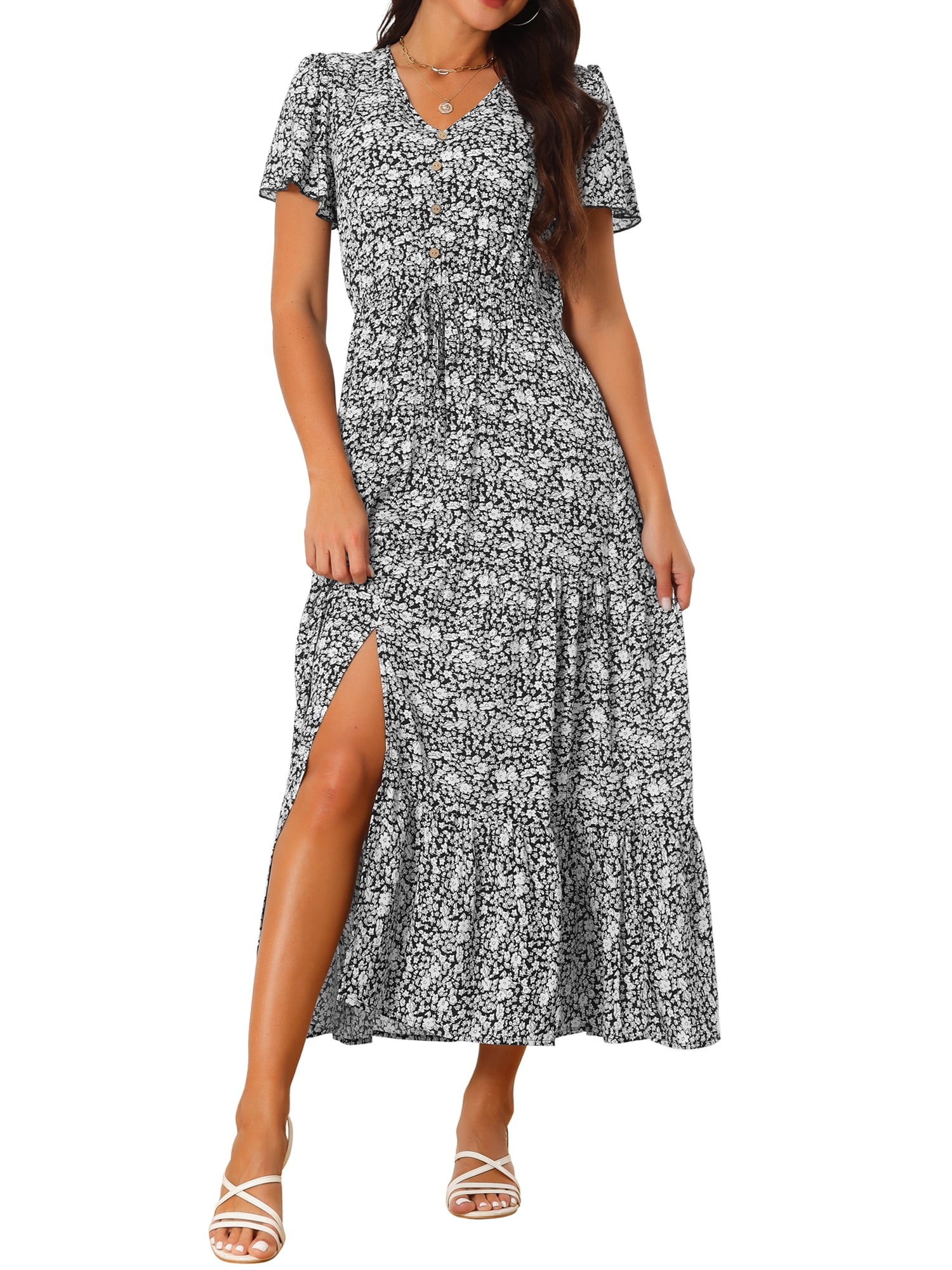 DARING DIVA Summer V Neck Split Hem Floral Maxi Dress L Black