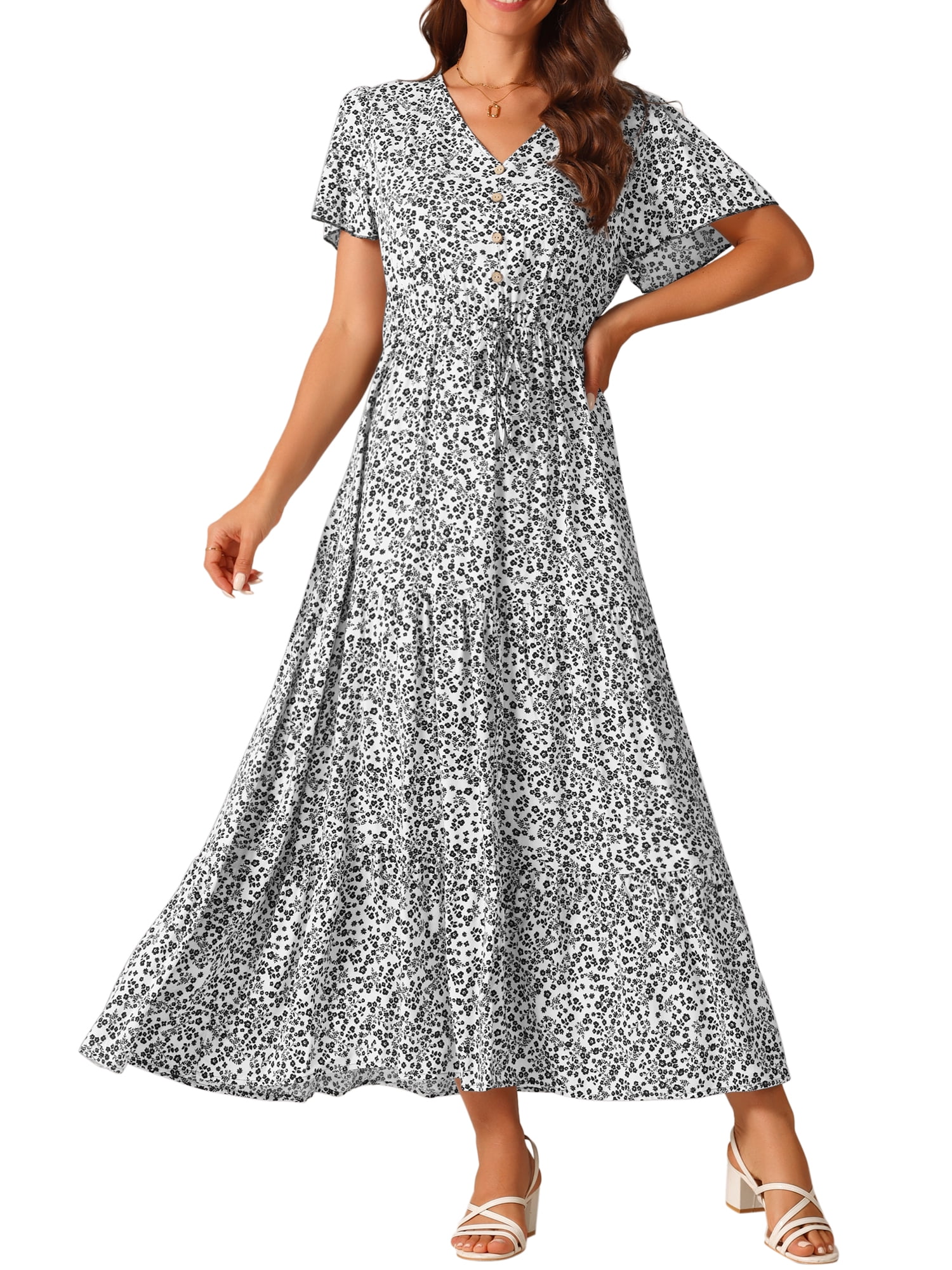 DARING DIVA Summer V Neck Split Hem Floral Maxi Dress M White