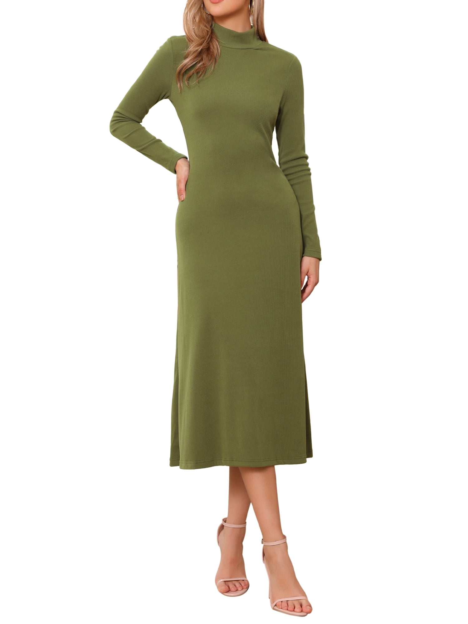 DARING DIVA Sweater Turtleneck Long Sleeve Ribbed Knit Maxi Dress S Avocado Green