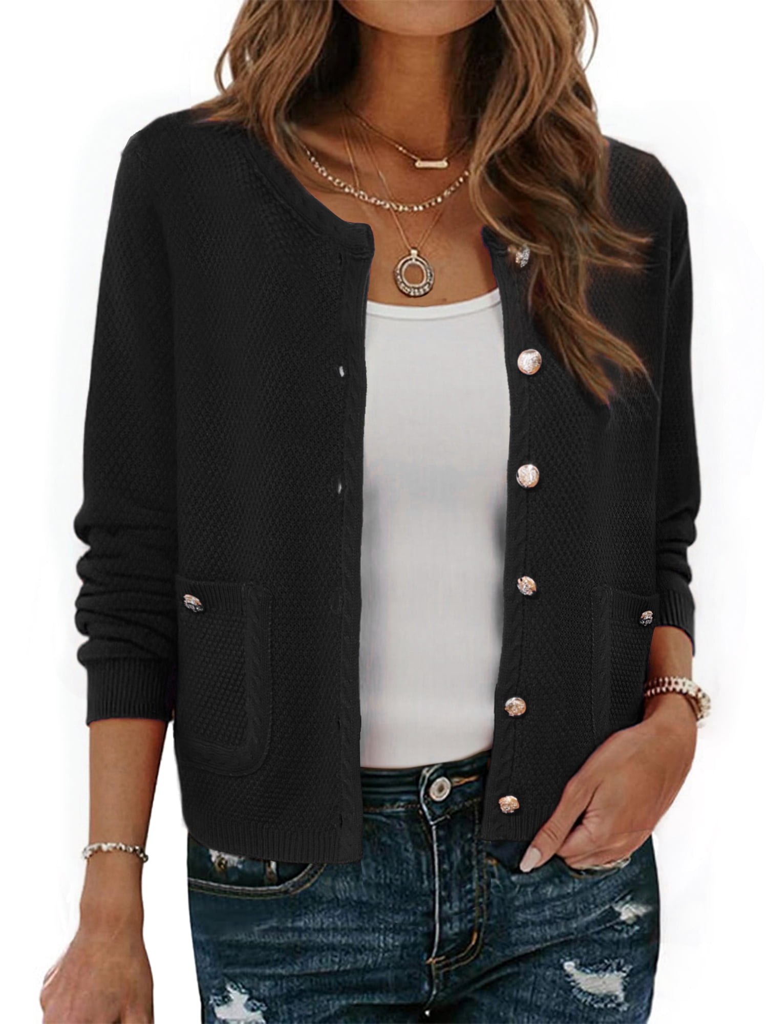 DARING DIVA Sweaters Collarless Button Up Dressy Chunky Knit Cardigan L Black