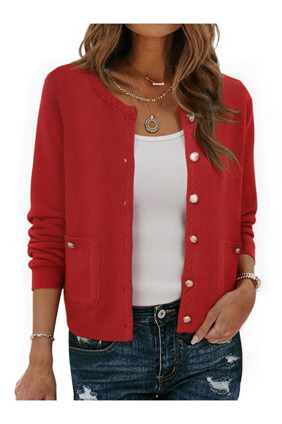 Sweaters Collarless Button Up Dressy Chunky Knit Cardigan L Red