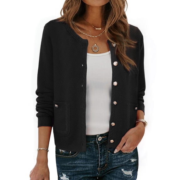 DARING DIVA Sweaters Collarless Button Up Dressy Chunky Knit Cardigan M Black
