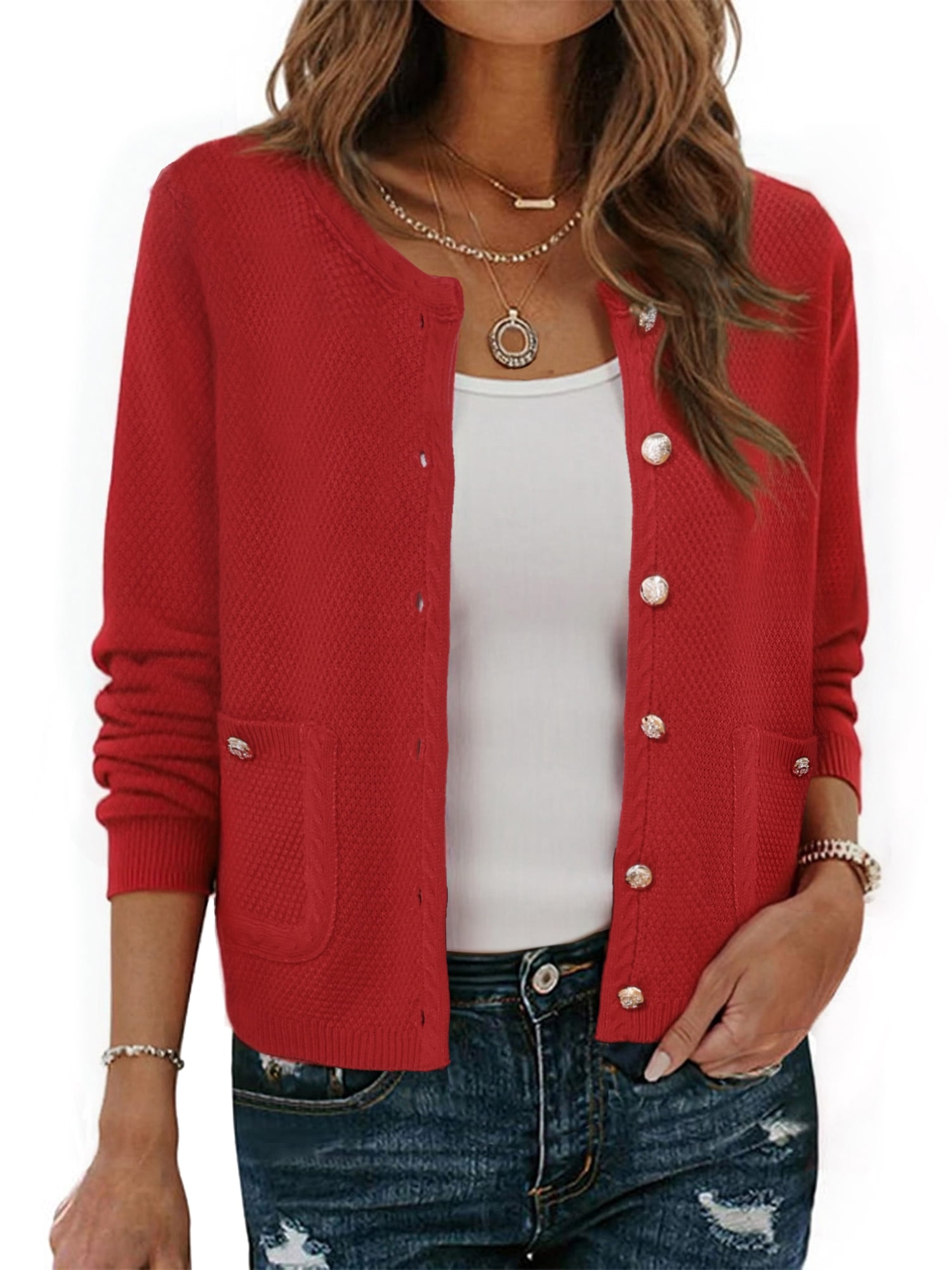 DARING DIVA Sweaters Collarless Button Up Dressy Chunky Knit Cardigan M Red