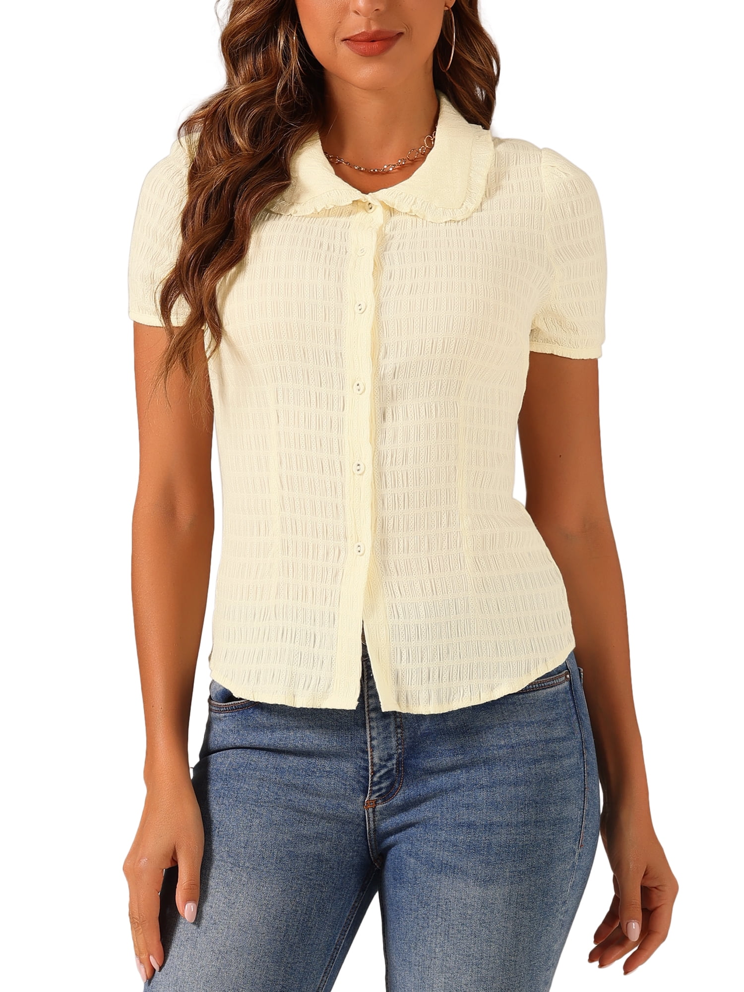 DARING DIVA Sweet Peter Pan Collar Button Down Blouses M Cream