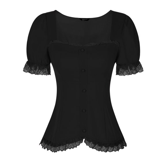 DARING DIVA Sweetheart Neck Puff Sleeve Lace-up Blouse 2XL Black
