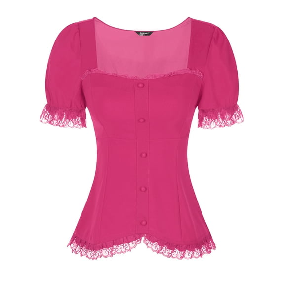 DARING DIVA Sweetheart Neck Puff Sleeve Lace-up Blouse L Hot Pink