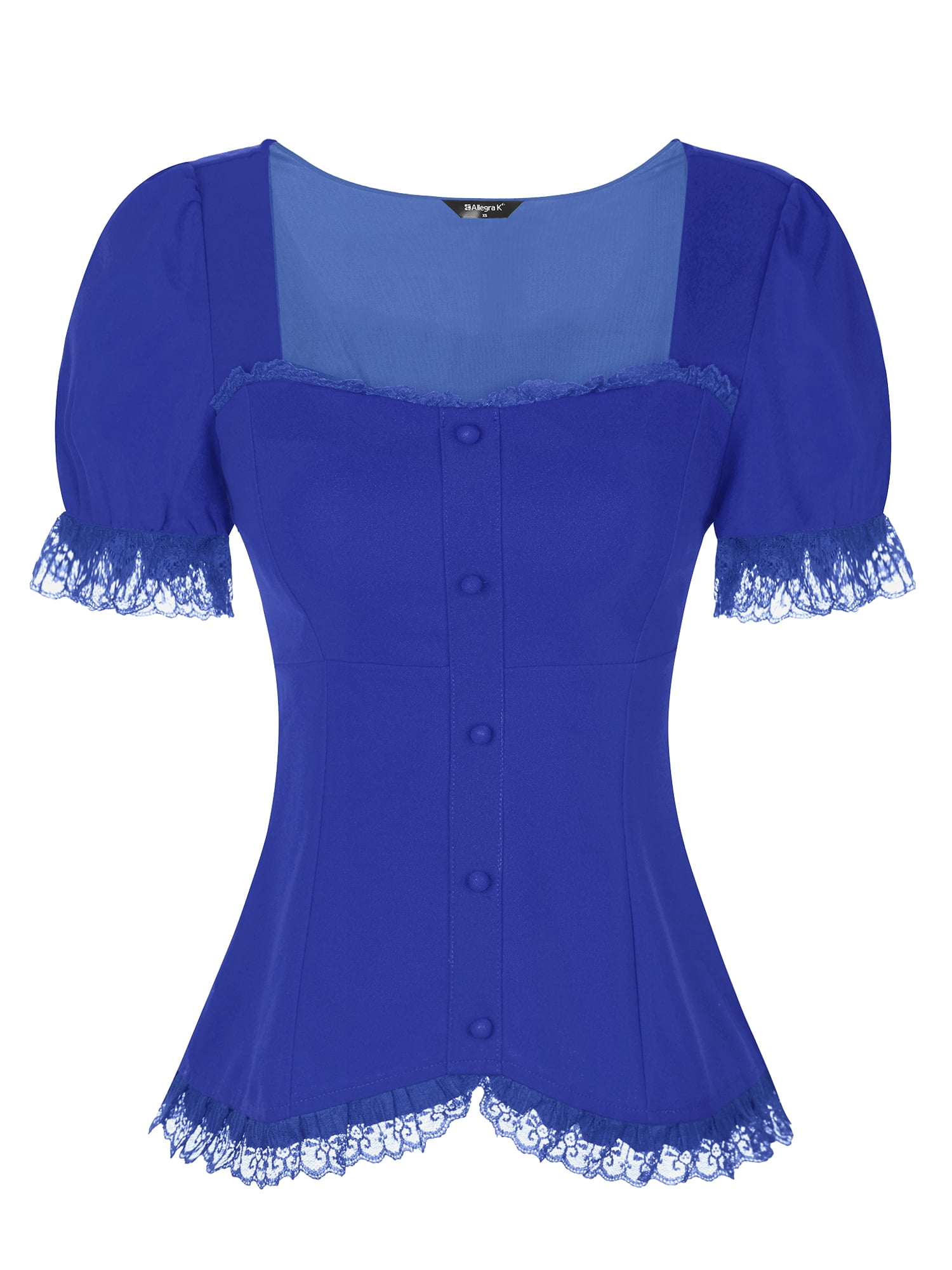 DARING DIVA Sweetheart Neck Puff Sleeve Lace-up Blouse L Royal Blue