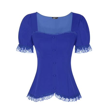 DARING DIVA Women's Renaissance Halloween Puff Sleeve Victorian Shirt L Royal Blue