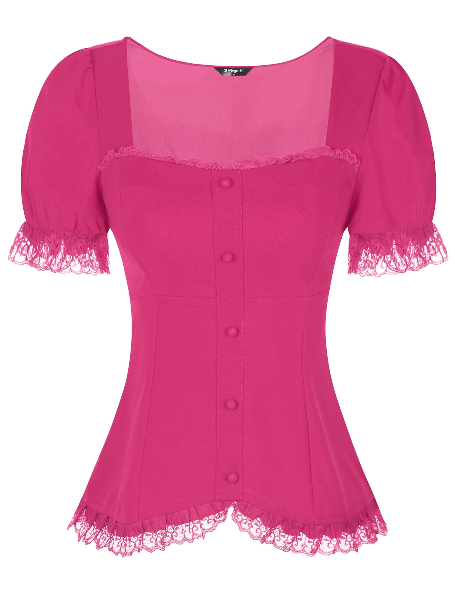 DARING DIVA Sweetheart Neck Puff Sleeve Lace-up Blouse M Hot Pink