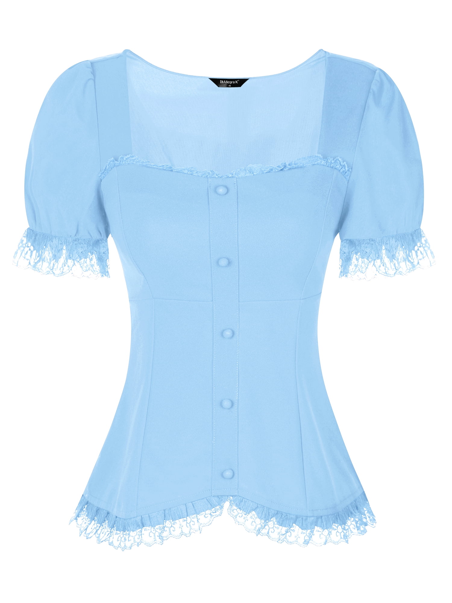 DARING DIVA Sweetheart Neck Puff Sleeve Lace-up Blouse M Sky Blue