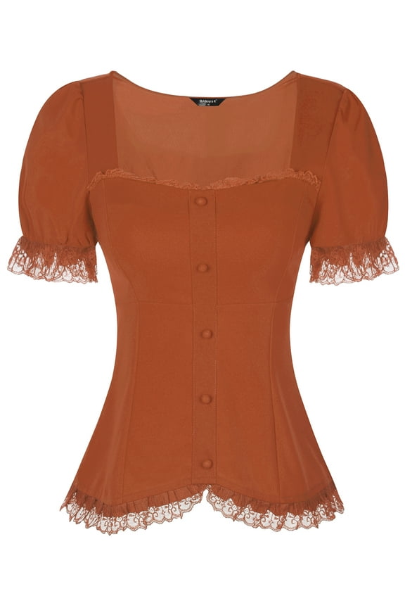 Sweetheart Neck Puff Sleeve Lace-up Blouse S Caramel