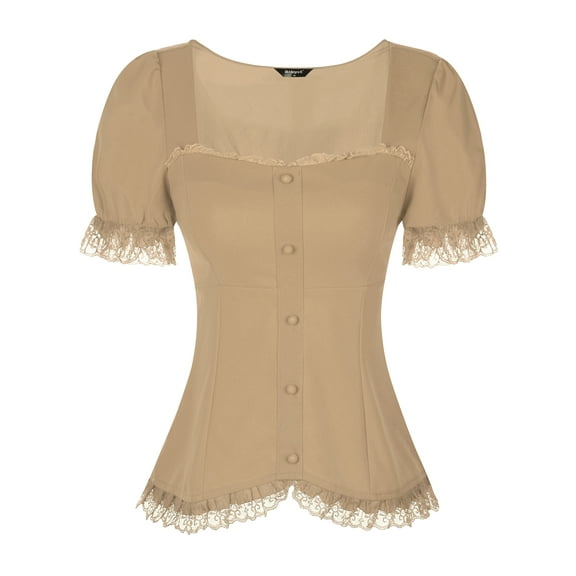 DARING DIVA Sweetheart Neck Puff Sleeve Lace-up Blouse XL Khaki