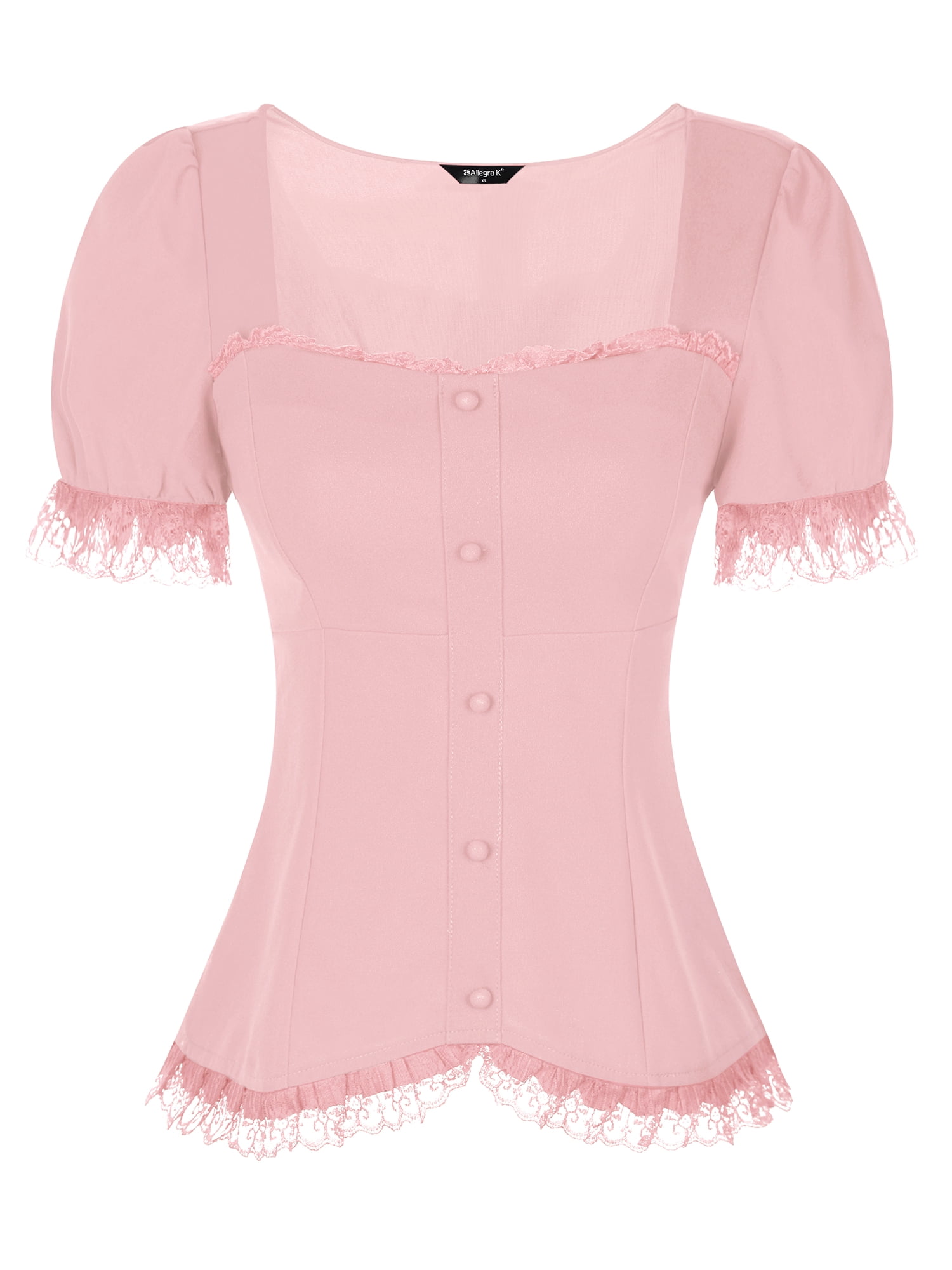 DARING DIVA Sweetheart Neck Puff Sleeve Lace-up Blouse XS Grey Pink