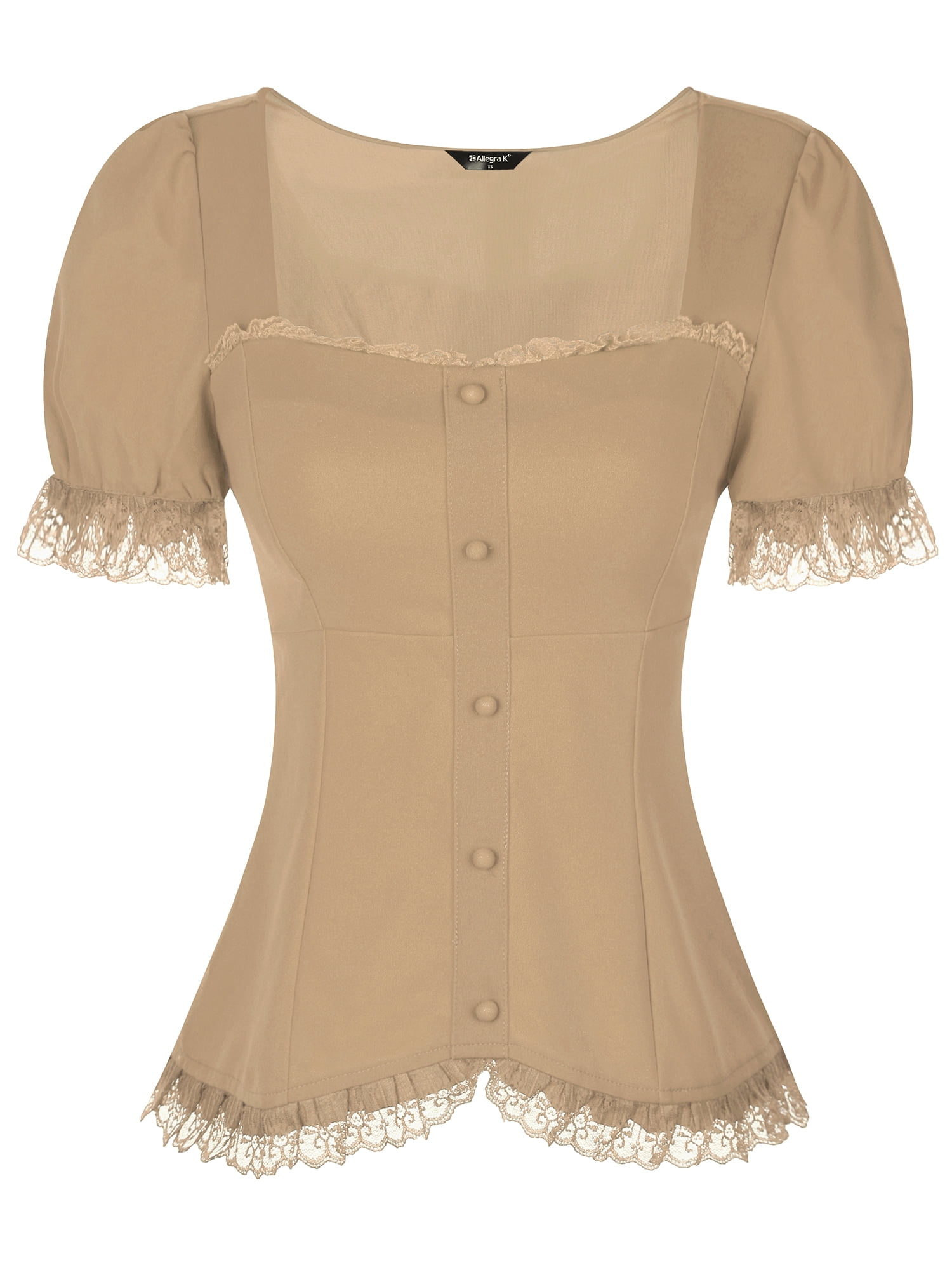 DARING DIVA Sweetheart Neck Puff Sleeve Lace-up Blouse XS Khaki