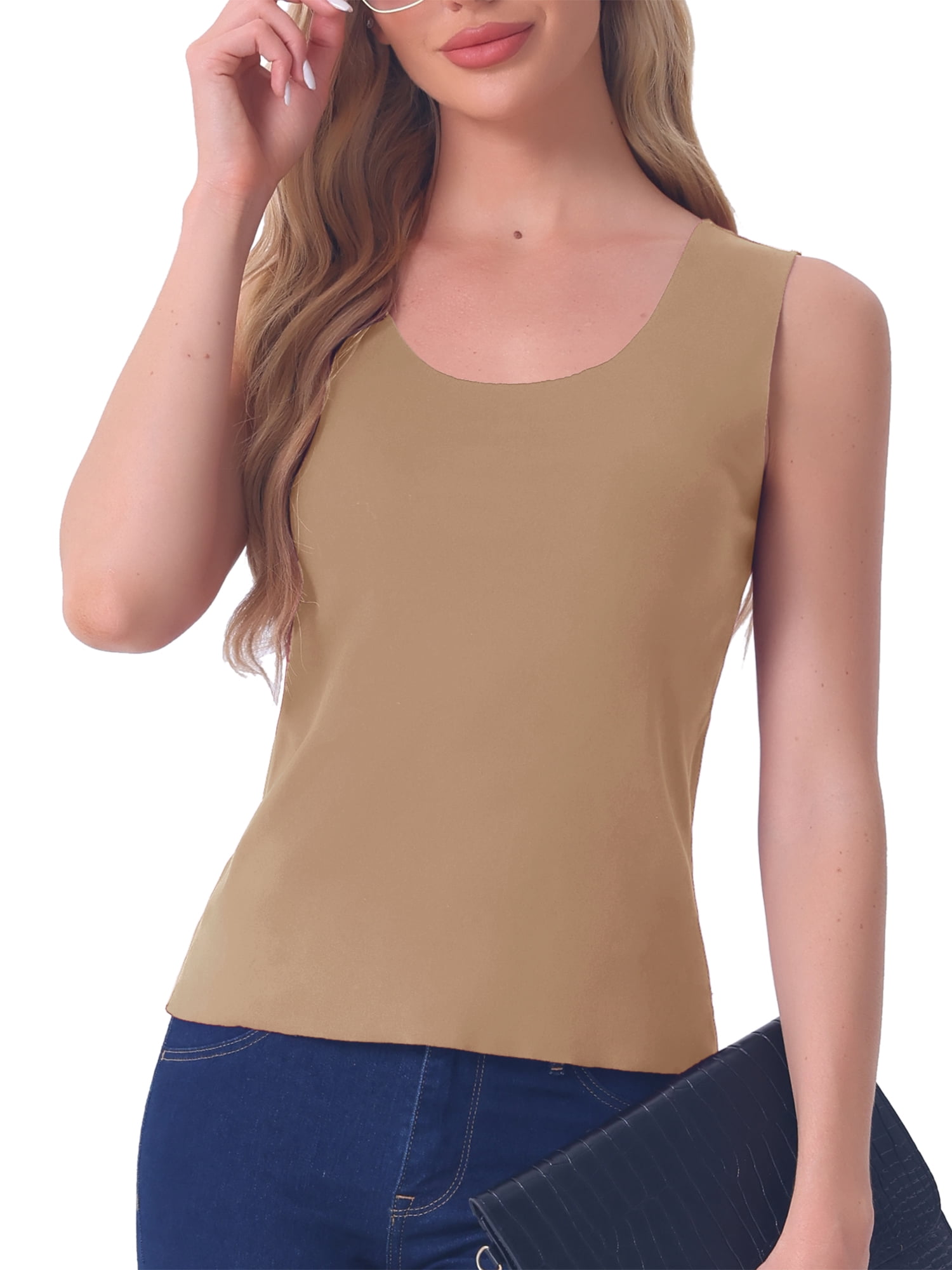 DARING DIVA Women's Tank Top Plush Sleeveless Warm Thick Layer Camisole XS Khaki