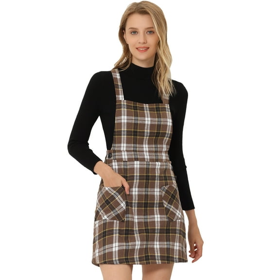 DARING DIVA Tartan Print Button Decor A-Line Pinafore Overall Dress L Deep Brown
