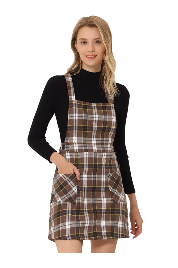 Tartan Print Button Decor A-Line Pinafore Overall Dress S Deep Brown