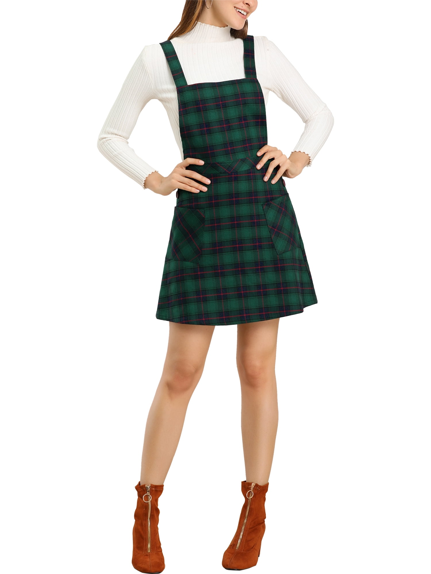 DARING DIVA Tartan Print Button Decor A-Line Pinafore Overall Dress S Green