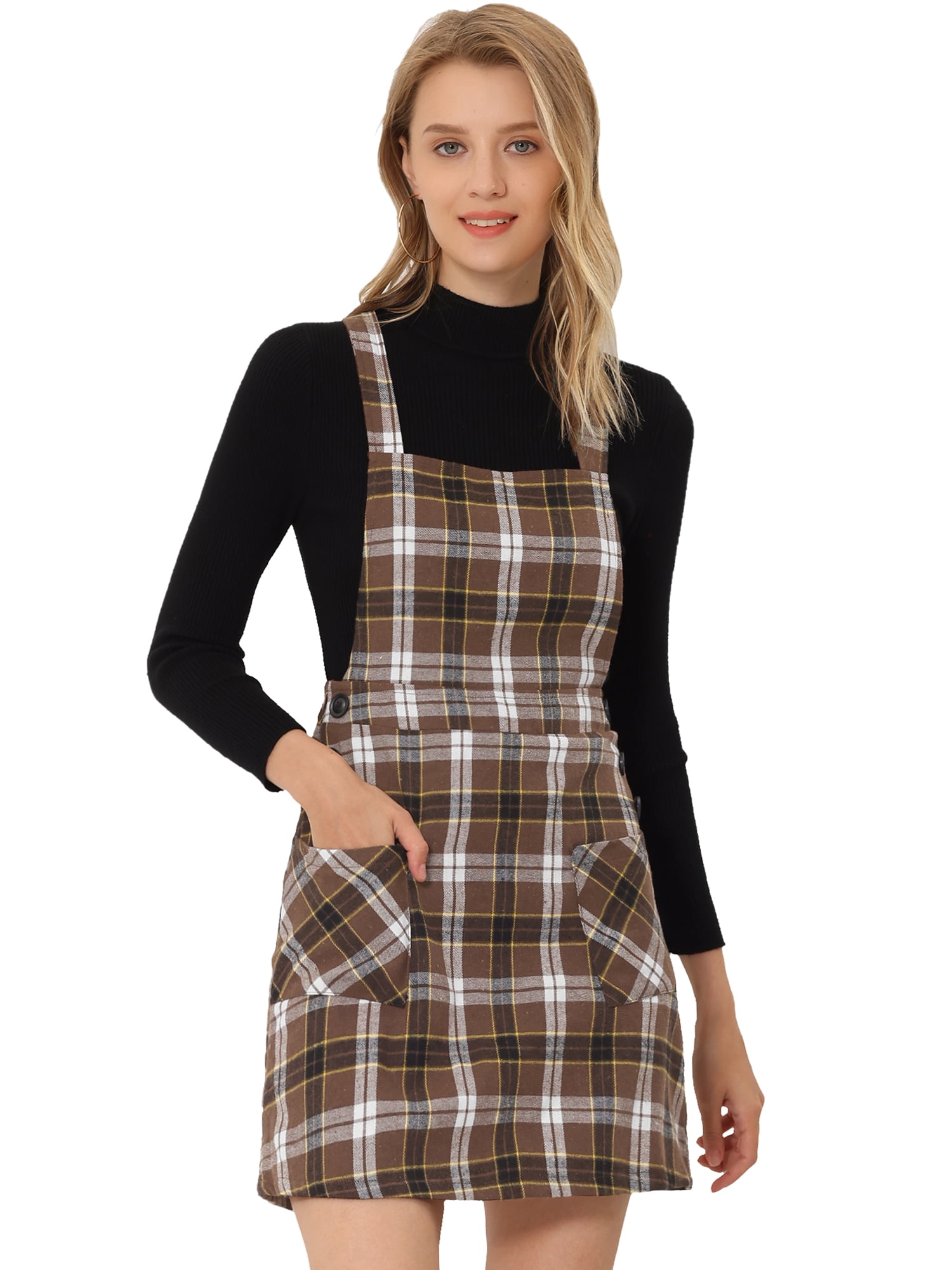 DARING DIVA Tartan Print Button Decor A-Line Pinafore Overall Dress XL Deep Brown