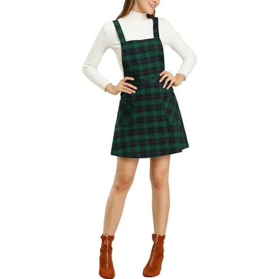 DARING DIVA Tartan Print Button Decor A-Line Pinafore Overall Dress XL Green