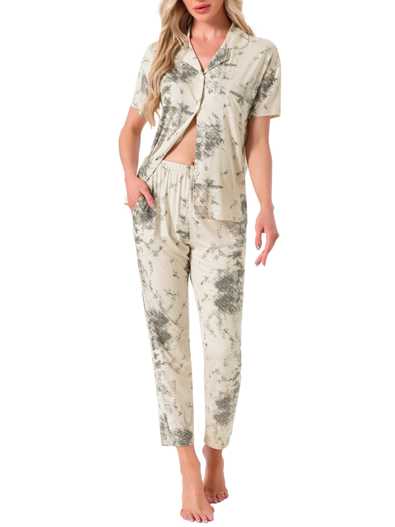 DARING DIVA Tencel Floral Short Sleeve Notched Collar Pants Set M Beige