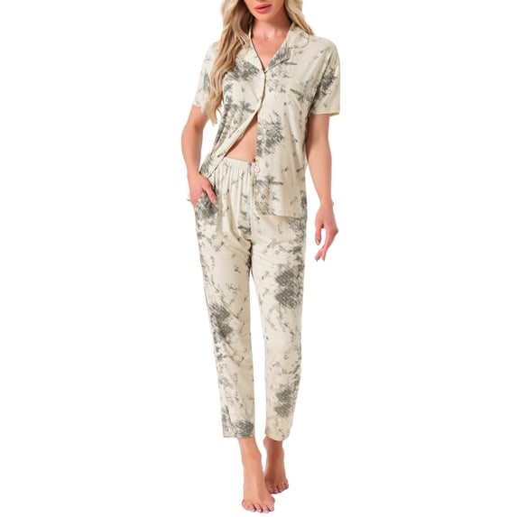 DARING DIVA Tencel Floral Short Sleeve Notched Collar Pants Set S Beige