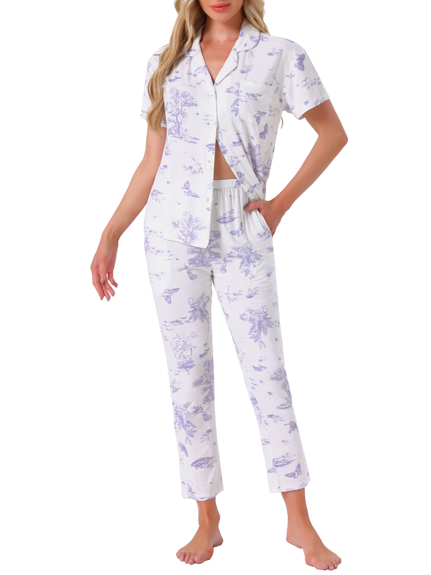 DARING DIVA Tencel Floral Short Sleeve Notched Collar Pants Set S Purple