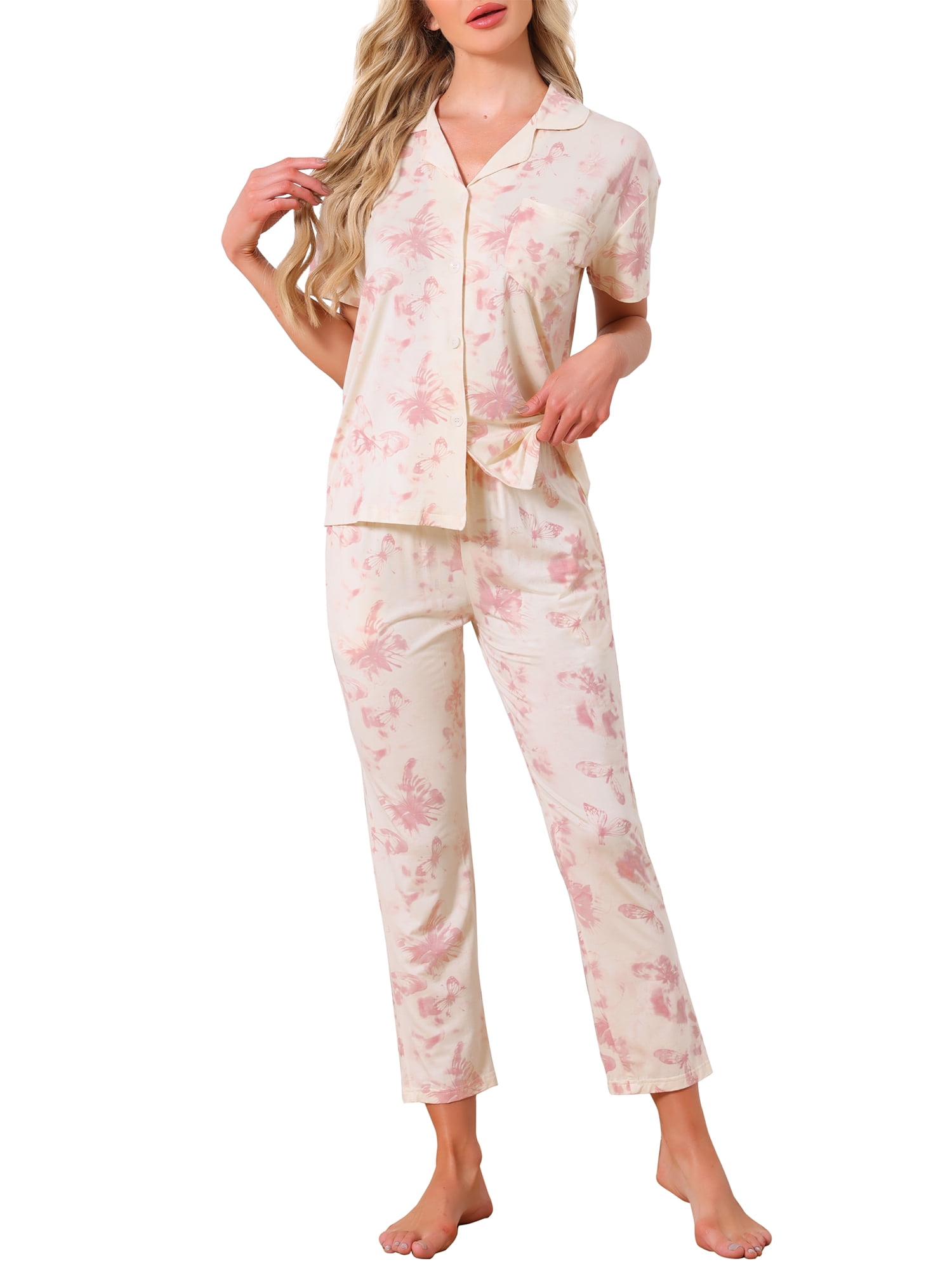 DARING DIVA Tencel Floral Short Sleeve Notched Collar Pants Set S Yellow