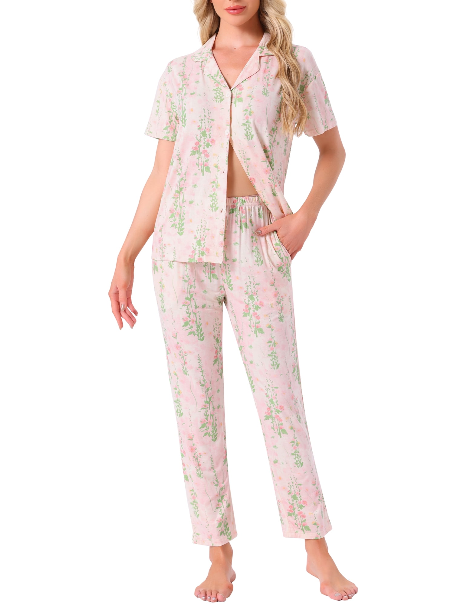 DARING DIVA Tencel Floral Short Sleeve Notched Collar Pants Set XL Pink