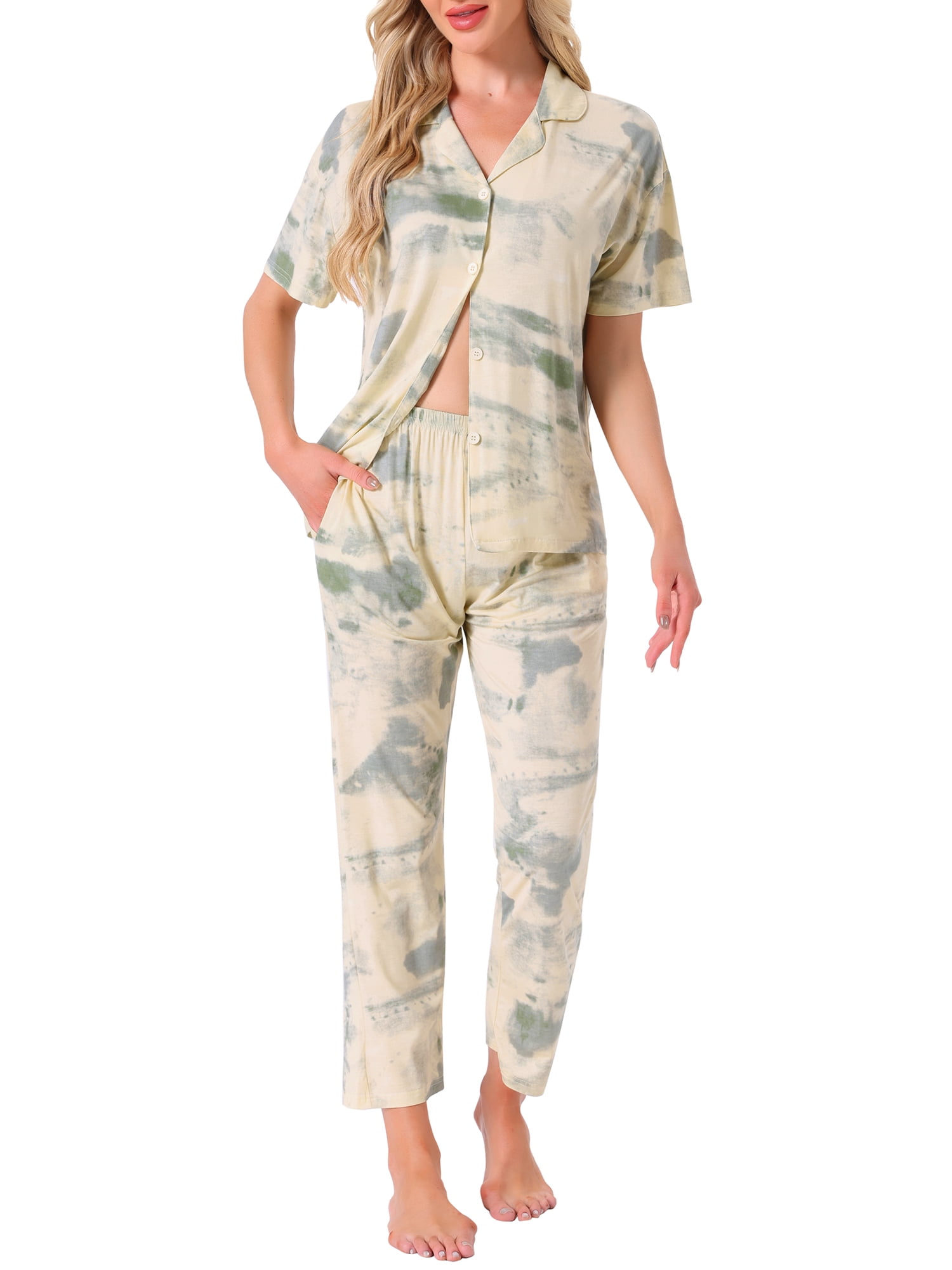 DARING DIVA Tencel Floral Short Sleeve Notched Collar Pants Set XS Green